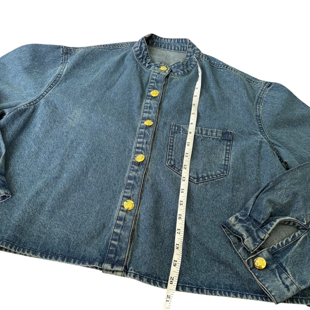 Vintage Style Cropped Boxy Denim Jacket Blue Band Collar L Streetwear Minimalist - Picture 10 of 11